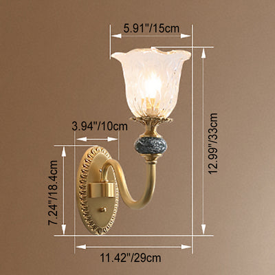 European Luxury Floral Glass Brass Curved Arm 1/2 Light Wall Sconce Lamp