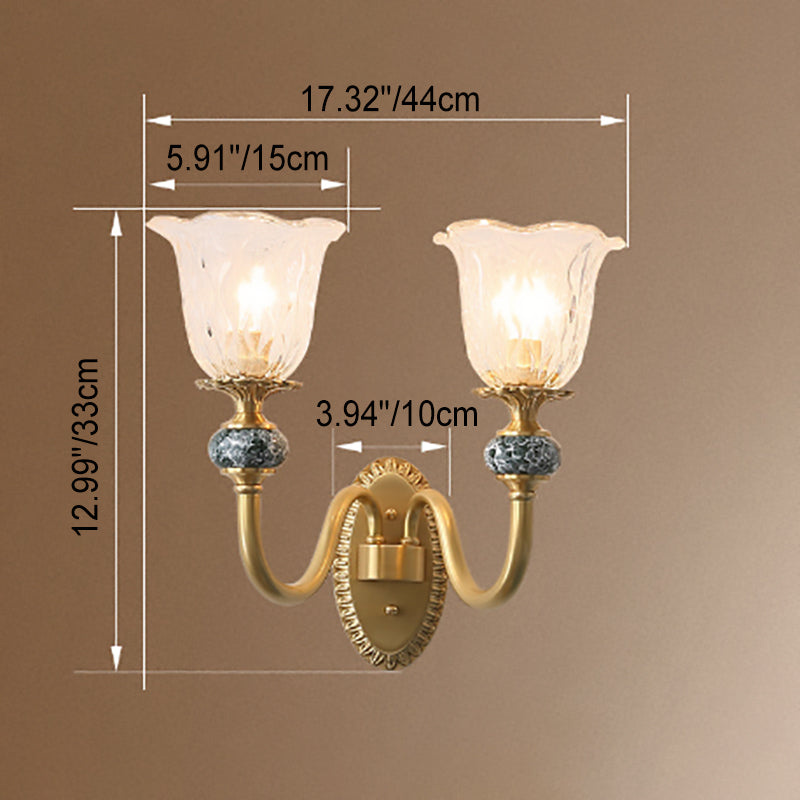 European Luxury Floral Glass Brass Curved Arm 1/2 Light Wall Sconce Lamp