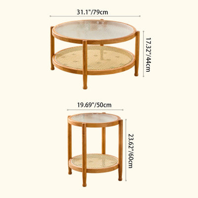 Modern Minimalist Round Horizontal Strip Glass Rattan Wooden Coffee Table 2-Tier For Living Room