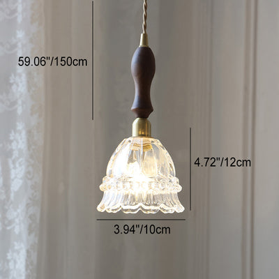 Traditional French Pastoral Walnut Jellyfish Glass Shade 1-Light Pendant Light For Living Room