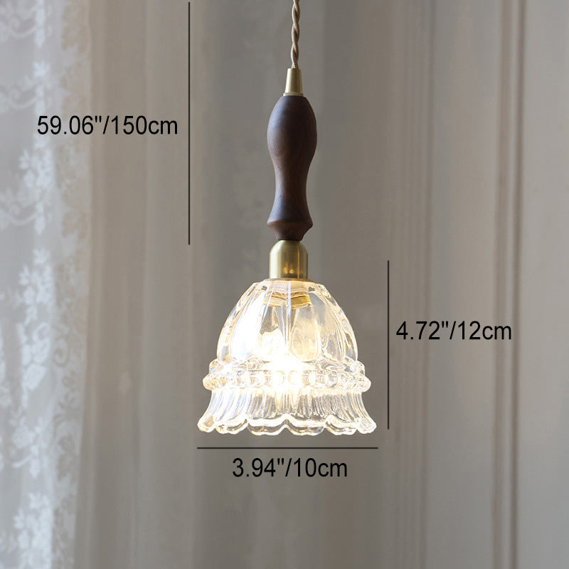 Traditional French Pastoral Walnut Jellyfish Glass Shade 1-Light Pendant Light For Living Room