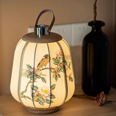 Traditional Chinese Lantern Round Solid Wood Fabric LED Table Lamp For Living Room