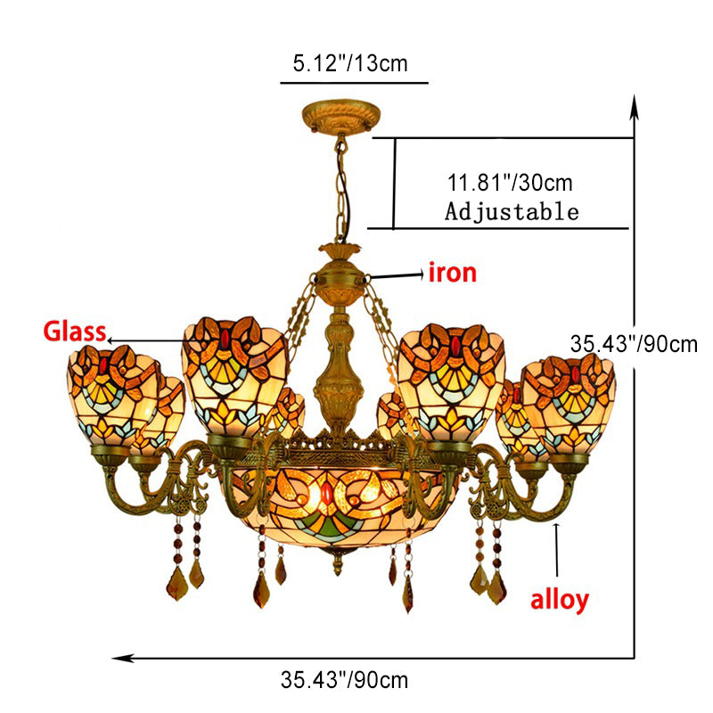 Traditional Tiffany Bead Dome Baroque Iron Glass Alloy 8/11 Light Chandeliers For Living Room