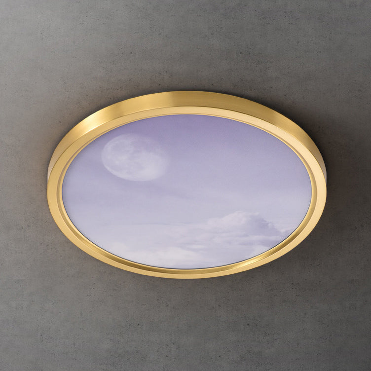 Modern Simplicity Full Copper Blue Sky Cloud Design Round Acrylic Shade LED Flush Mount Ceiling Light For Living Room