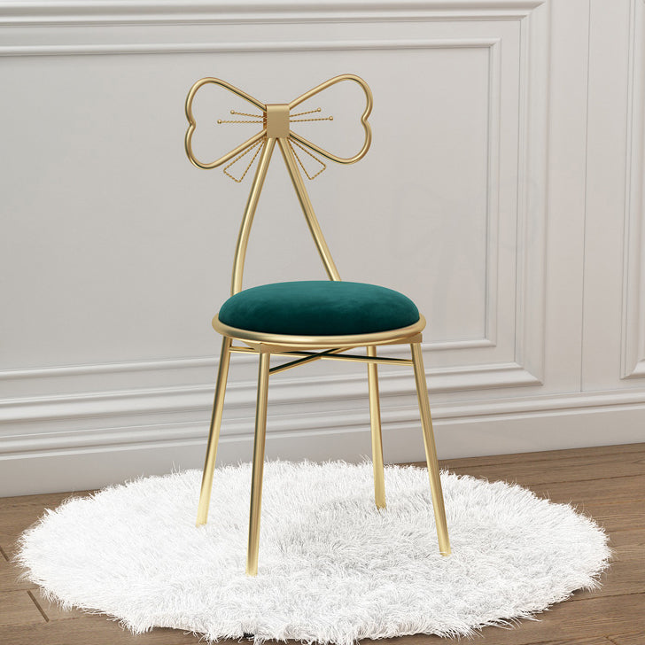 Contemporary Creative Bow Round Upholstered Velvet Metal Vanity Stool Backrest For Bedroom