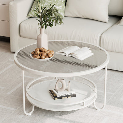 Modern Simplicity Round Striped Glass Slab Metal Coffee Table 2-Tier For Living Room