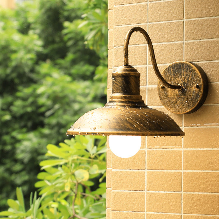 Contemporary Industrial Curved Pole Round Pot Lid Iron 1-Light Wall Sconce Lamp For Outdoor Patio