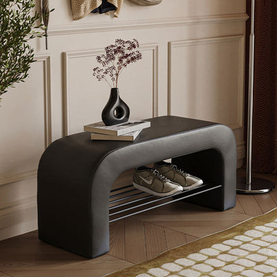 Modern Minimalist Long Rectangle Lambswool PU Leather Iron Storage Bench 1-Shelf For Entryways