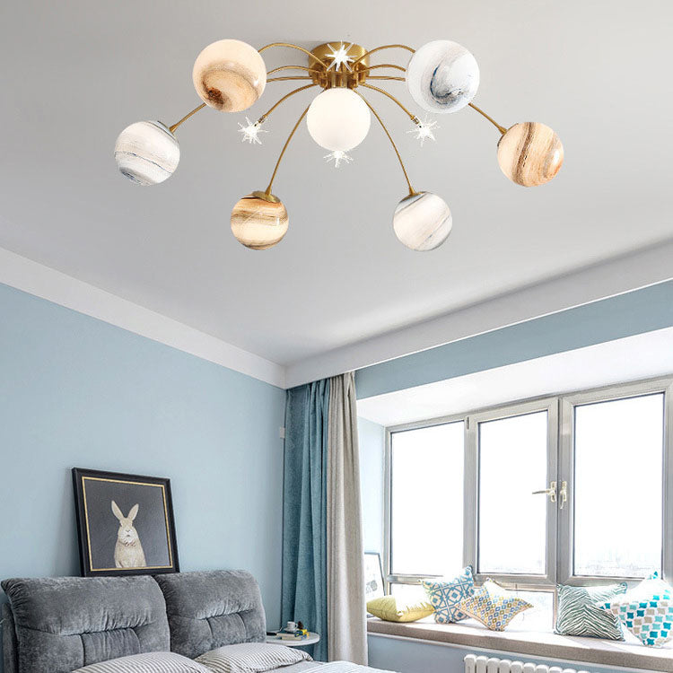 Contemporary Creative Planet Kids Iron Glass 13-Light Semi-Flush Mount Ceiling Light For Bedroom