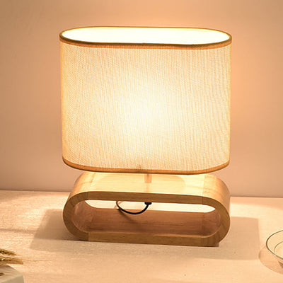 Contemporary Nordic Wood Fabric Cylinder Elliptical 1-Light Table Lamp For Study