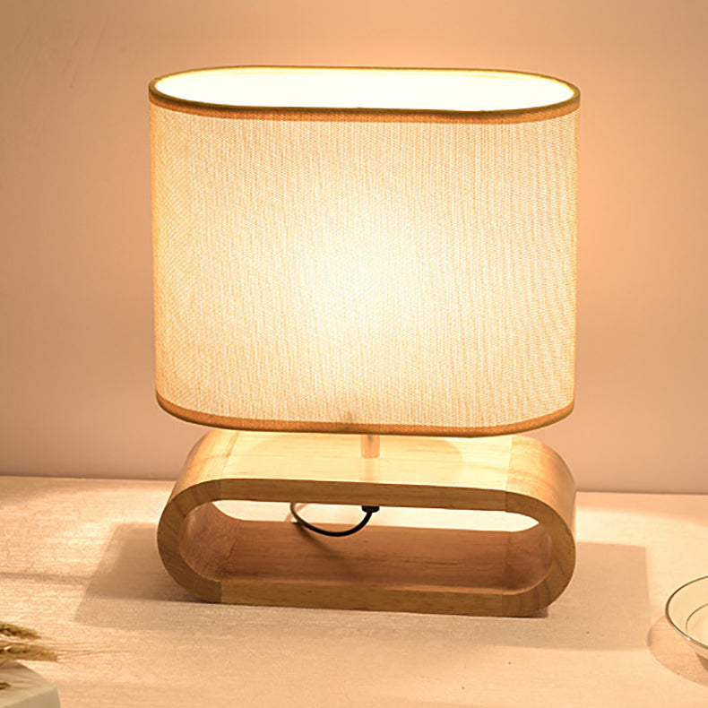 Contemporary Nordic Wood Fabric Cylinder Elliptical 1-Light Table Lamp For Study