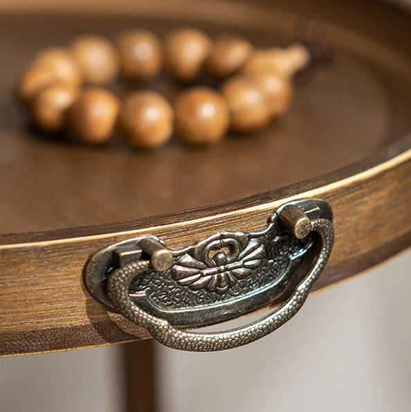 Traditional Chinese Round Bamboo Tray Top End Table 2-Tier For Living Room