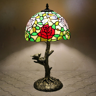 Traditional Tiffany Dome Flower Hardware Stained Glass 1-Light Table Lamp For Bedroom