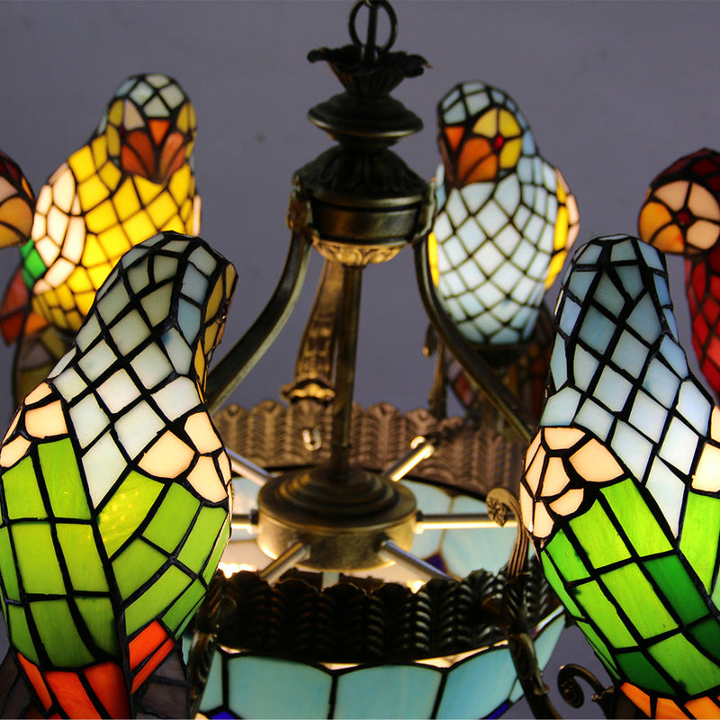 Traditional Tiffany Dome Parrot Alloy Stained Glass 8-Light Chandelier For Living Room