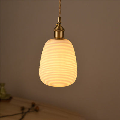 Contemporary Nordic Irregular Cylinder Stripe Ceramic Copper 1-Light Pendant Light For Living Room