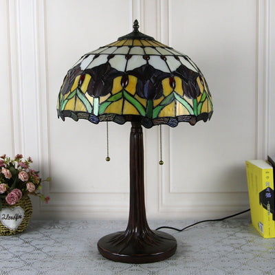 Traditional Tiffany Pastoral Rose Flower Stained Glass 2-Light Table Lamp For Bedroom