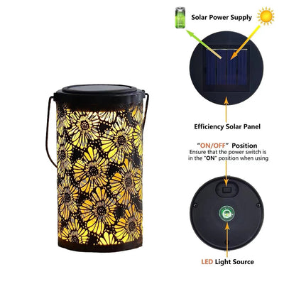Traditional Farmhouse Solar Waterproof Iron Cylinder Flower Hollowed LED Hanging Landscape Lighting Outdoor Light For Garden