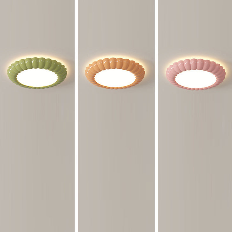 Contemporary Scandinavian Macaron Fiberglass Iron Round LED Flush Mount Ceiling Light For Bedroom