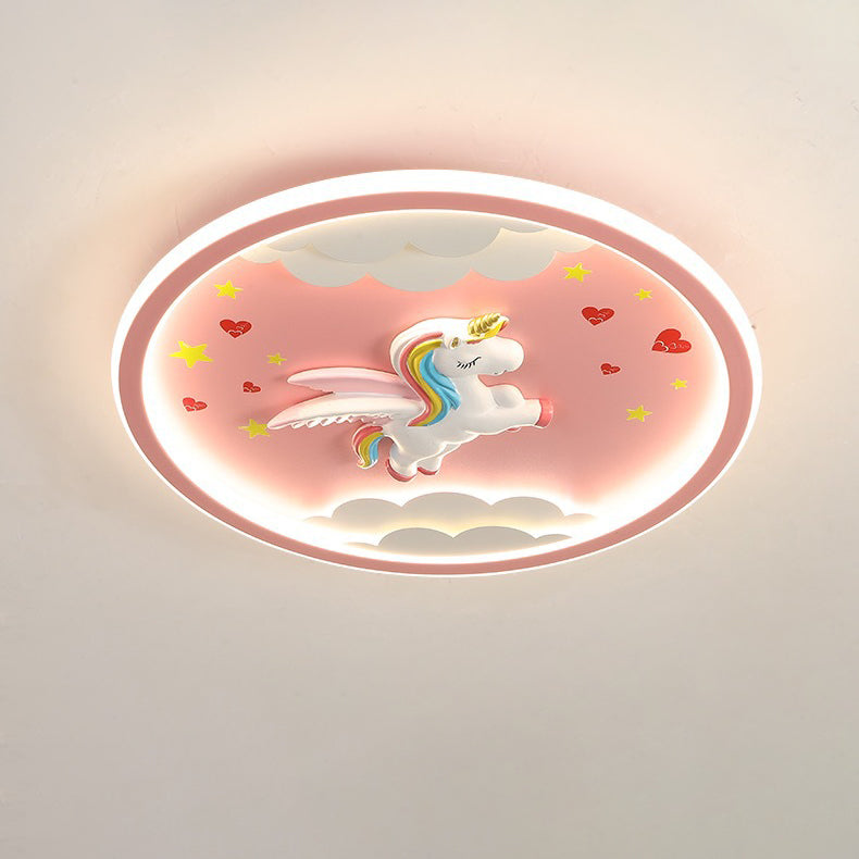 Contemporary Creative Cartoon Fighter Unicorn Resin Acrylic LED Kids Flush Mount Ceiling Light For Bedroom