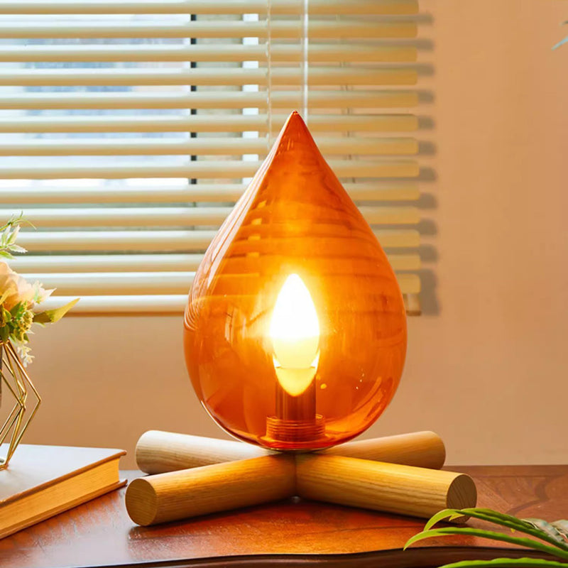 Contemporary Creative Flame Fire Pile Solid Wood Glass 1-Light Table Lamp For Bedroom