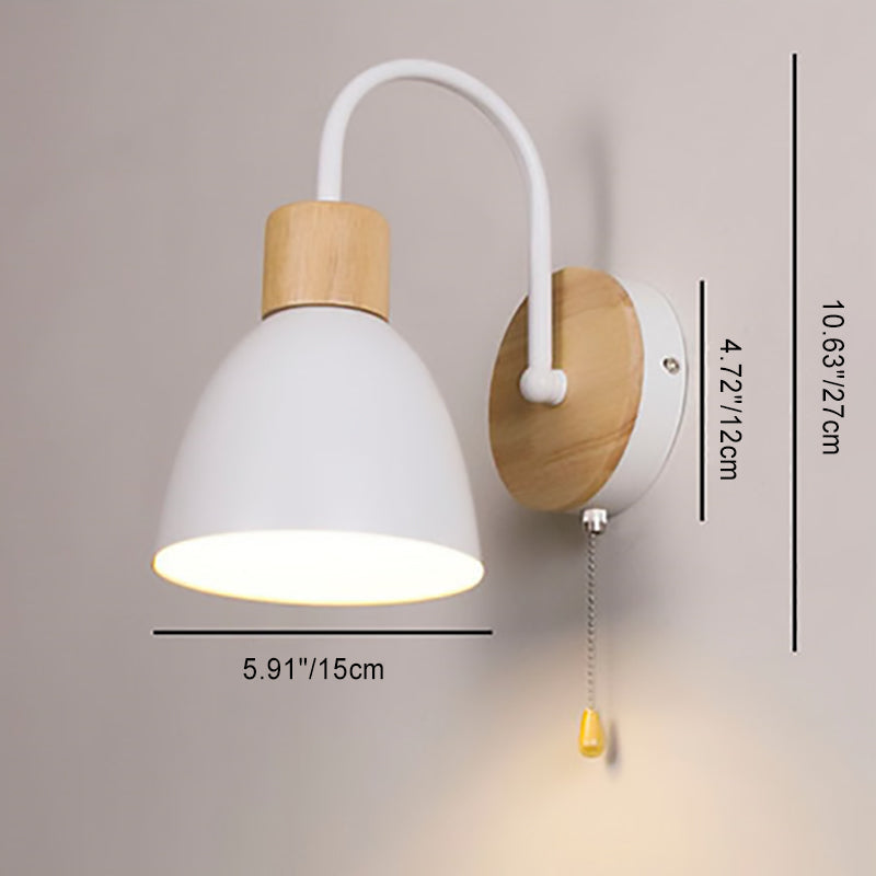 Modern Minimalist Macaron Curved Pole Round Cup Iron Wood 1-Light Wall Sconce Lamp For Bedroom