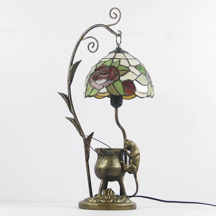 Traditional Tiffany Mouse Flower Resin Stained Glass 1-Light Table Lamp For Bedroom