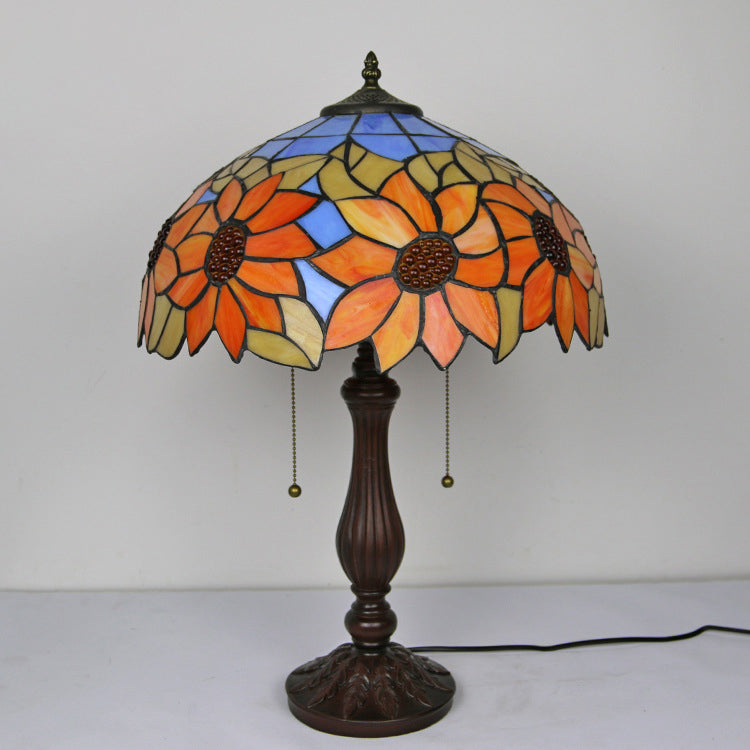 Traditional Tiffany Stained Glass Peacock Sunflower Resin Base 2-Light Table Lamp For Study