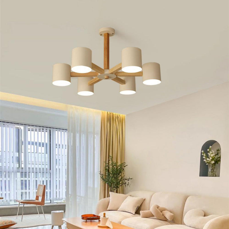 Contemporary Scandinavian Branch Round Wood Hardware 6/8 Light Chandelier For Living Room