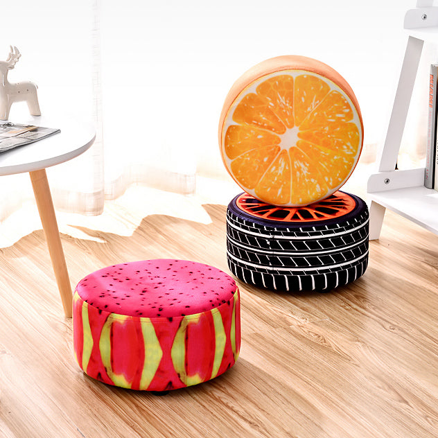 Contemporary Creative Fruit Pattern Round Fabric Pouf Footstool For Living Room