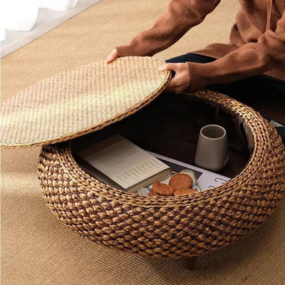 Traditional Japanese Oval Rattan Woven Wooden Coffee Table Storage For Living Room