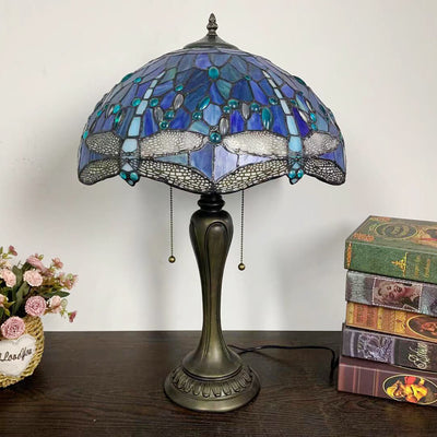 Traditional Tiffany Umbrella Flower Dragonfly Alloy Stained Glass 2-Light Table Lamp For Bedroom