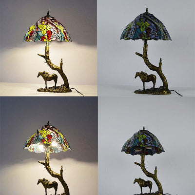 Traditional Tiffany Resin Glass Dome Conic Hemispheric Branch Horse Base 2-Light Table Lamp For Study