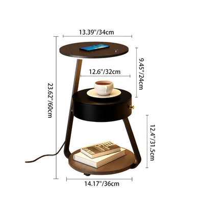 Contemporary Nordic Round Walnut Marble Iron Nightstand Mobile Phone Wireless Charging 2-Tier For Bedside