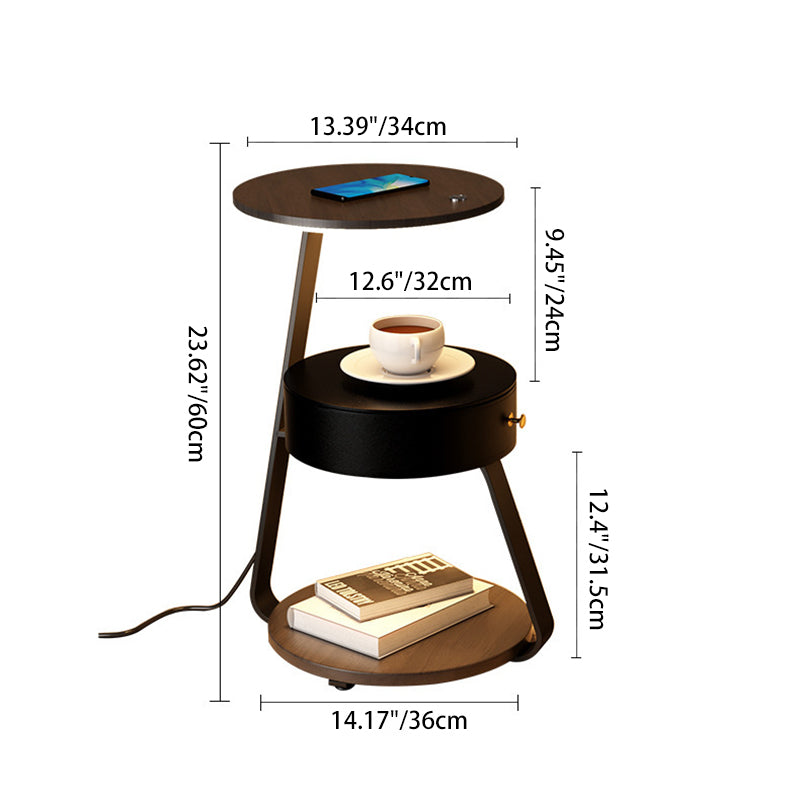 Contemporary Nordic Round Walnut Marble Iron Nightstand Mobile Phone Wireless Charging 2-Tier For Bedside