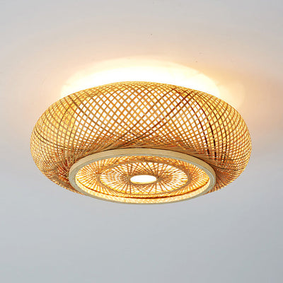 Traditional Vintage Round Skeleton Bamboo PVC 1-Light Flush Mount Ceiling Light For Living Room