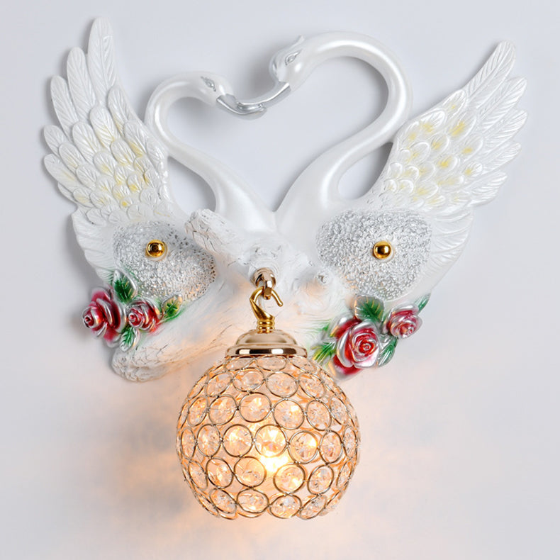 Modern Art Deco Resin Iron Crystal Couple Swan Ball 1-Light Wall Sconce Lamp For Living Room