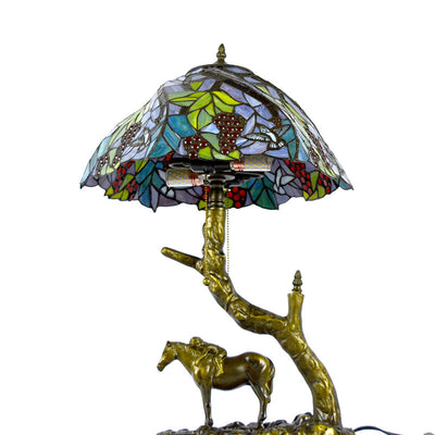 Traditional Tiffany Resin Glass Dome Conic Hemispheric Branch Horse Base 2-Light Table Lamp For Study