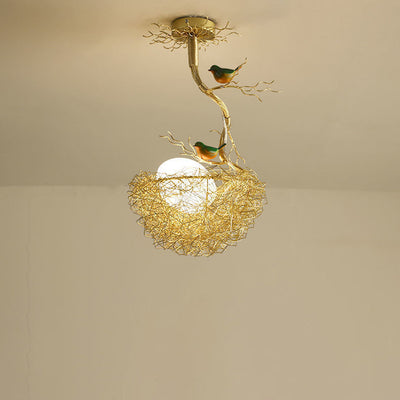 Modern Minimalist Bird's Nest Birdhouse Aluminum Glass 1-Light Chandelier For Living Room