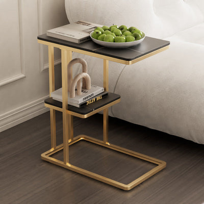 Contemporary Nordic Rectangular Rock Slab Metal End Table 2-Tier For Living Room