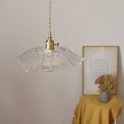 Traditional Vintage Lotus Leaf Glass Brass 1-Light Pendant Light For Living Room