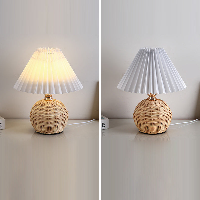 Contemporary Nordic Rattan Fabric Pleated Conic Ball LED Table Lamp For Bedroom