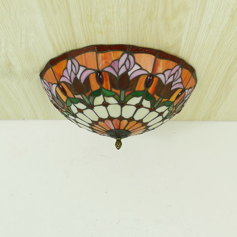 Traditional Tiffany Tulip Stained Glass Iron Dome 2/3-Light Flush Mount Ceiling Light For Living Room