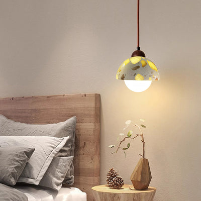 Modern Minimalist Round Hemisphere Cement Solid Wood 1-Light Pendant Light For Bedroom