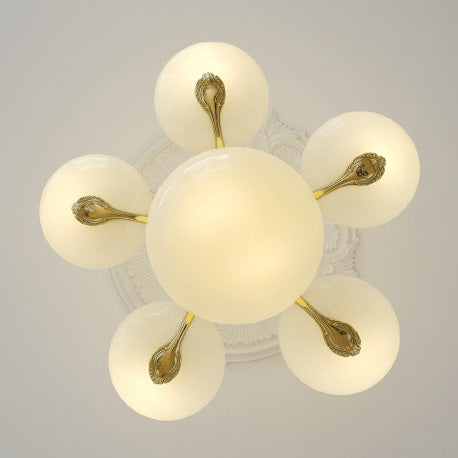 Contemporary Nordic Round Opal Glass Brass 5/7 Light Chandelier For Living Room