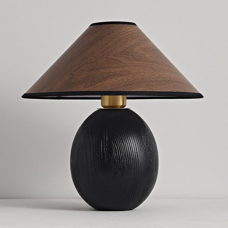 Traditional Japanese Round Trapezoidal Solid Wood Fabric 1-Light Table Lamp For Bedroom