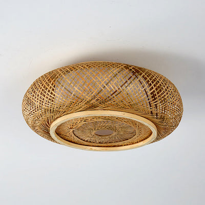 Traditional Vintage Round Skeleton Bamboo PVC 1-Light Flush Mount Ceiling Light For Living Room