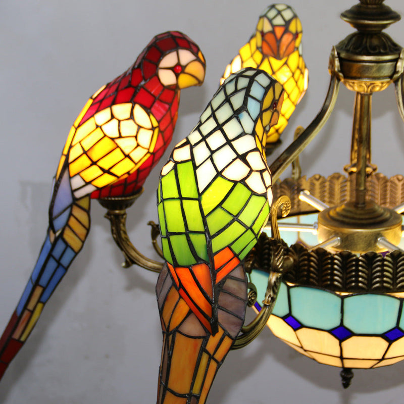 Traditional Tiffany Dome Parrot Alloy Stained Glass 8-Light Chandelier For Living Room