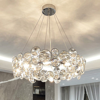 Modern Luxury Tiered Crystal Disc Round Shade Stainless Steel 8/12-Light Chandelier For Living Room