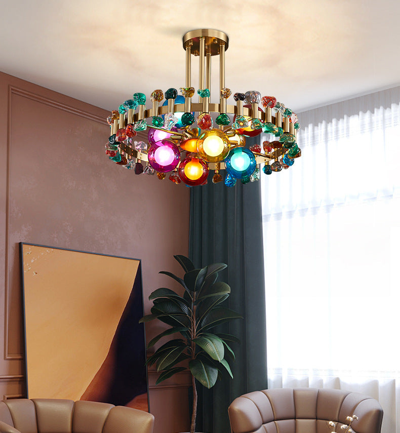 Modern Luxury Gold Finish Frame Colorful Glass Shade 6/8/10-Light Chandelier For Living Room