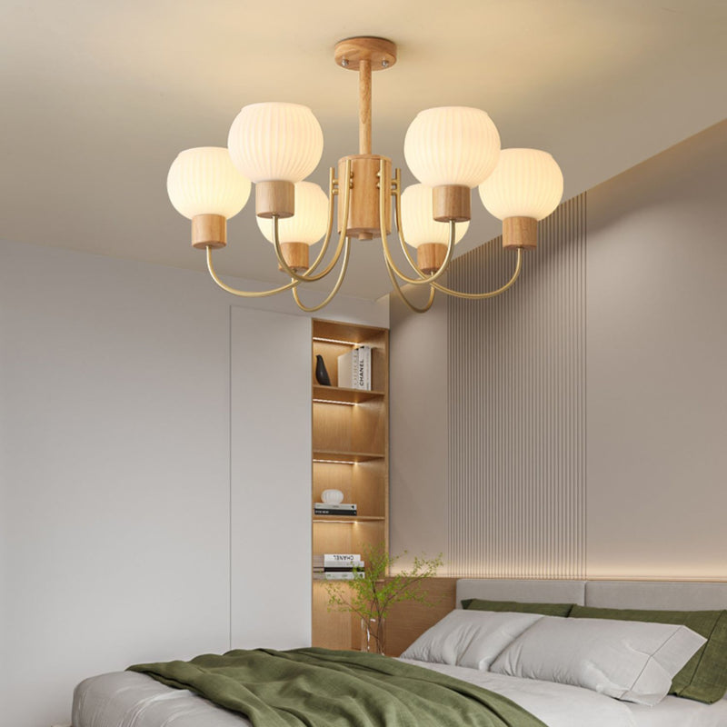 Modern Minimalist Branch Round Solid Wood Glass Hardware 6/8 Light Chandelier For Living Room